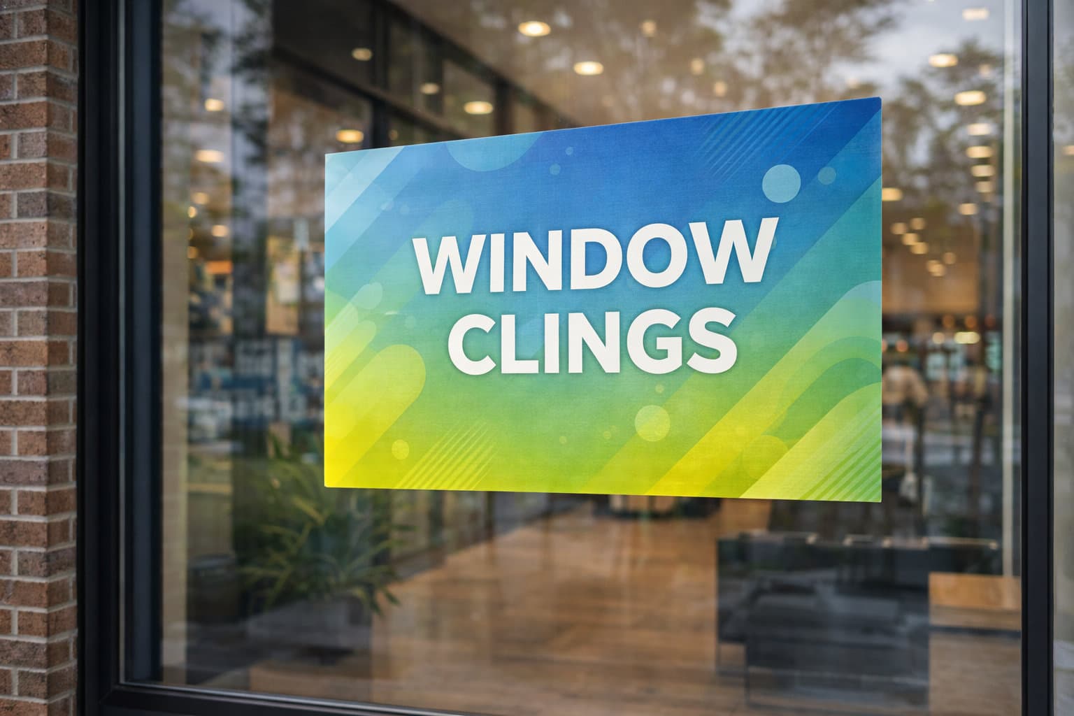 Restaurant logo and hours applied as vinyl graphics on a glass door